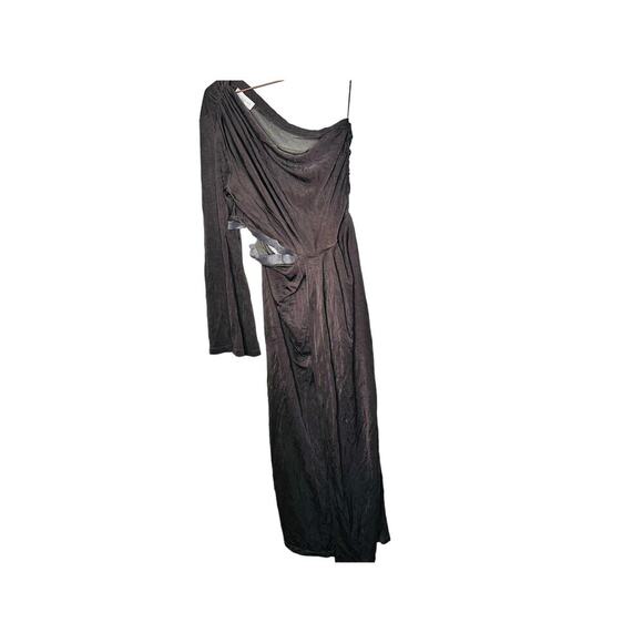 SOMETHING NAVY One Shoulder Black Pleated Long Sleeve Midi Dress Size Large - Picture 5 of 13